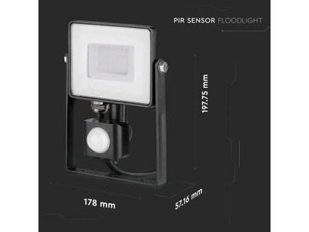 SKU 460 VT-30-S-B V-TAC PRO Faro LED SMD Chip Samsung 30W con Sensore PIR/Crepuscolare e Interruttore Nero 3000K IP65