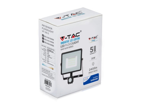SKU 462 VT-30-S-B V-TAC PRO Faro LED SMD Chip Samsung 30W con Sensore PIR/Crepuscolare e Interruttore Nero 6400K IP65