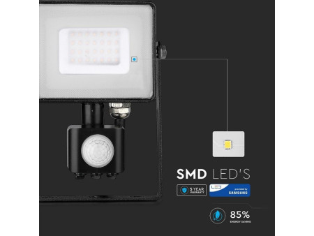 SKU 462 VT-30-S-B V-TAC PRO Faro LED SMD Chip Samsung 30W con Sensore PIR/Crepuscolare e Interruttore Nero 6400K IP65