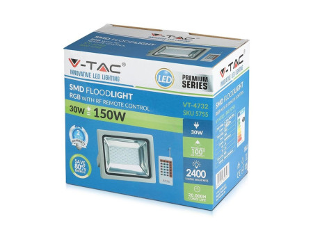 SKU 5755 VT-4732 V-TAC Faro LED SMD 30W con Telecomando RF Grigio RGB IP65