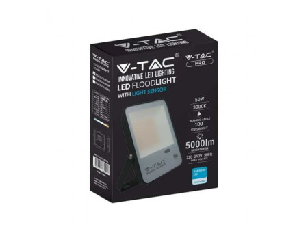 SKU 20173 VT-57 V-TAC PRO Faro LED SMD Chip Samsung 50W 100LM/W con Sensore Crepuscolare Nero 4000K IP65