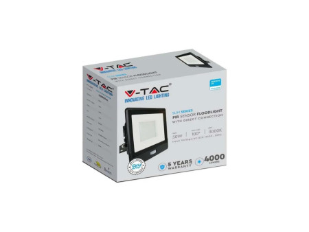SKU 20265 VT-158S V-TAC PRO Faro LED SMD Chip Samsung 50W con Sensore PIR Nero 3000K IP65