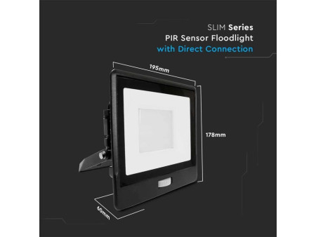 SKU 20265 VT-158S V-TAC PRO Faro LED SMD Chip Samsung 50W con Sensore PIR Nero 3000K IP65