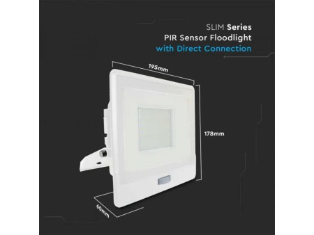 SKU 20279 VT-158S V-TAC PRO Faro LED SMD Chip Samsung 50W con Sensore PIR Cavo 1m Bianco 6500K IP65