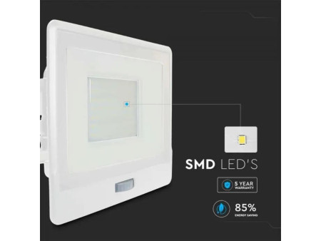 SKU 20279 VT-158S V-TAC PRO Faro LED SMD Chip Samsung 50W con Sensore PIR Cavo 1m Bianco 6500K IP65