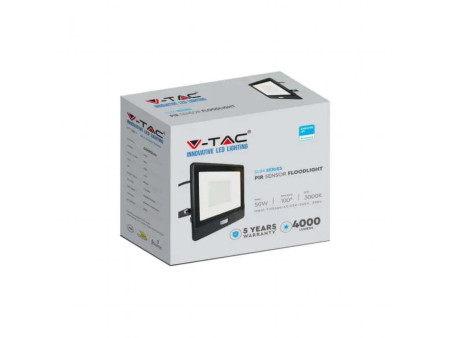 SKU 20290 VT-158S-1 V-TAC PRO Faro LED SMD Chip Samsung 50W con Sensore PIR Cavo 1m Nero 4000K IP65