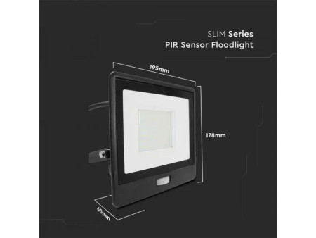 SKU 20290 VT-158S-1 V-TAC PRO Faro LED SMD Chip Samsung 50W con Sensore PIR Cavo 1m Nero 4000K IP65