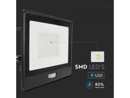 SKU 20289 VT-158S-1 V-TAC PRO Faro LED SMD Chip Samsung 50W con Sensore PIR Cavo 1m Nero 3000K IP65