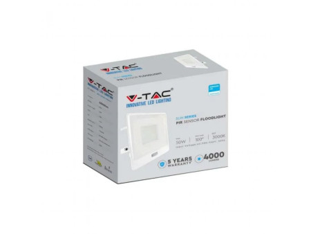 SKU 20303 VT-158S-1-W V-TAC PRO Faro LED SMD Chip Samsung 50W con Sensore PIR Cavo 1m Bianco 6500K IP65