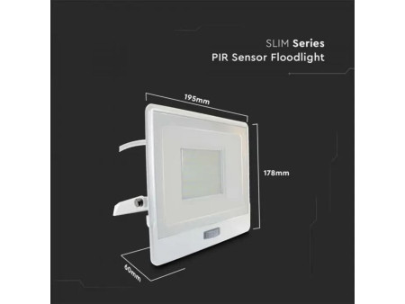 SKU 20301 VT-158S-1 V-TAC PRO Faro LED SMD Chip Samsung 50W con Sensore PIR Cavo 1m Bianco 3000K IP65