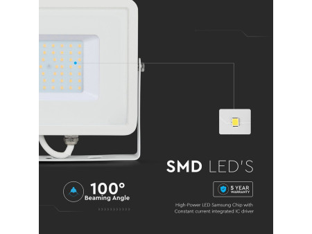 SKU 21410 VT-50-W V-TAC PRO Faro LED SMD Chip Samsung 50W Bianco 4000K IP65