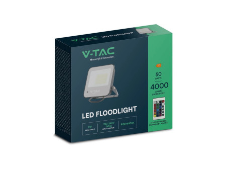 SKU 23463 VT-44053 V-TAC Faro LED SMD 50W con Telecomando Driver Integrato Nero/Grigio RGB+6500K IP65