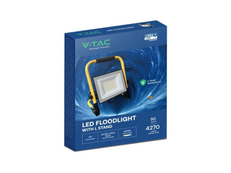 SKU 242186 VT-44049 V-TAC PRO Faro LED SMD Chip CREE da Cantiere 50W con Staffa e Cavo 3m 4000K Nero IP65