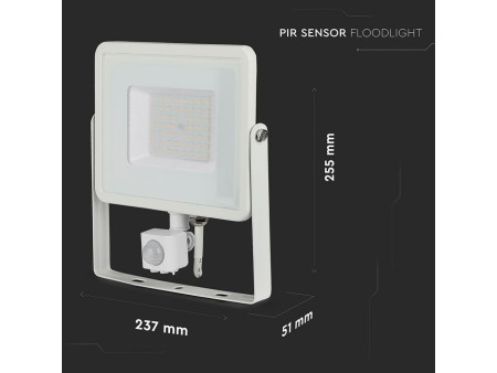 SKU 466 VT-50-S-W V-TAC PRO Faro LED SMD Chip Samsung 50W con Sensore PIR/Crepuscolare e Interruttore Bianco 3000K IP65