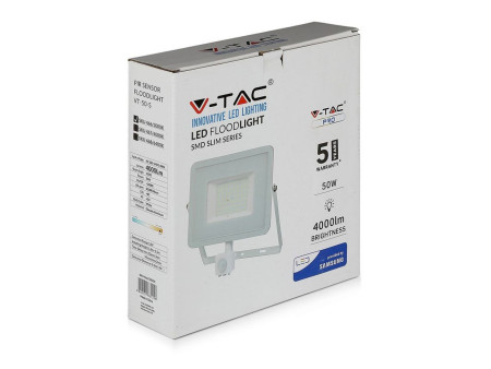 SKU 468 VT-50-S-W V-TAC PRO Faro LED SMD Chip Samsung 50W con Sensore PIR/Crepuscolare e Interruttore Bianco 6400K IP65