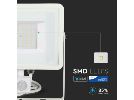 SKU 467 VT-50-S-W V-TAC PRO Faro LED SMD Chip Samsung 50W con Sensore PIR/Crepuscolare e Interruttore Bianco 4000K IP65