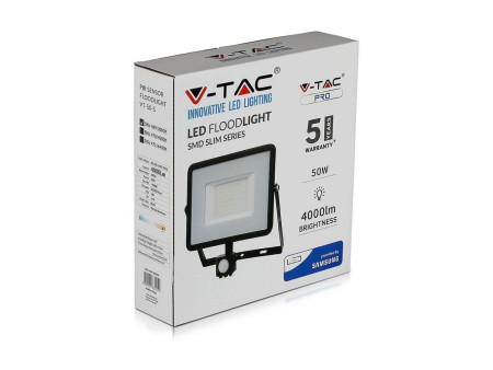 SKU 470 VT-50-S-B V-TAC PRO Faro LED SMD Chip Samsung 50W con Sensore PIR/Crepuscolare e Interruttore Nero 4000K IP65