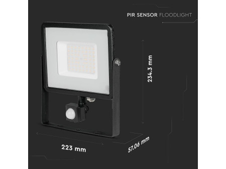SKU 470 VT-50-S-B V-TAC PRO Faro LED SMD Chip Samsung 50W con Sensore PIR/Crepuscolare e Interruttore Nero 4000K IP65