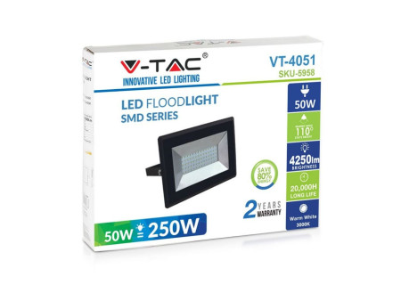 SKU 5960 VT-4051 V-TAC Faro LED SMD 50W E-Series Nero 6500K IP65