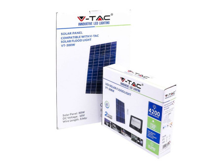 SKU 8578 VT-300W V-TAC Faro LED Solare 50W con Telecomando e Batteria LFP Timer Cavo 5m Nero 4000K