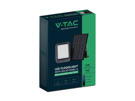 SKU 23438 VT-55W V-TAC Faro LED Solare 10W con Telecomando e Batteria sostituibile Cavo 3m Nero 4000K