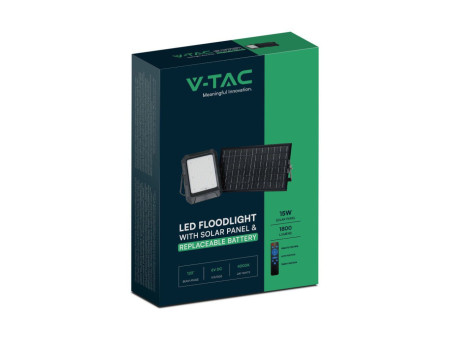 SKU 23439 VT-102W V-TAC Faro LED Solare 15W con Telecomando e Batteria sostituibile Cavo 3m Nero 4000K