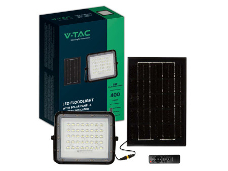 SKU 7821 VT-40W V-TAC Faro LED Solare 6W con Telecomando e Batteria Sostituibile Cavo 3m Nero 6400K IP65