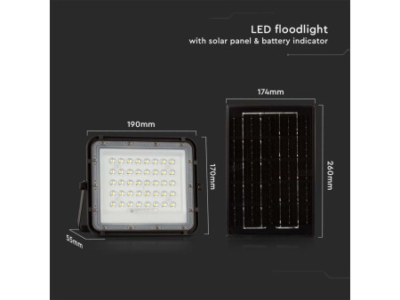 SKU 7822 VT-40W V-TAC Faro LED Solare 6W con Telecomando e Batteria Sostituibile Cavo 3m Nero 4000K IP65