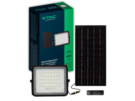 SKU 7823 VT-80W V-TAC Faro LED Solare 10W con Telecomando e Batteria Sostituibile Cavo 3m Nero 6400K IP65