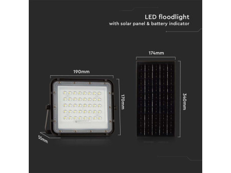 SKU 7824 VT-80W V-TAC Faro LED Solare 10W con Telecomando e Batteria Sostituibile Cavo 3m Nero 4000K IP65