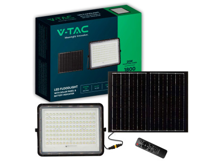 SKU 7828 VT-180W V-TAC Faro LED Solare 20W con Telecomando e Batteria Sostituibile Cavo 3m Nero 4000K IP65