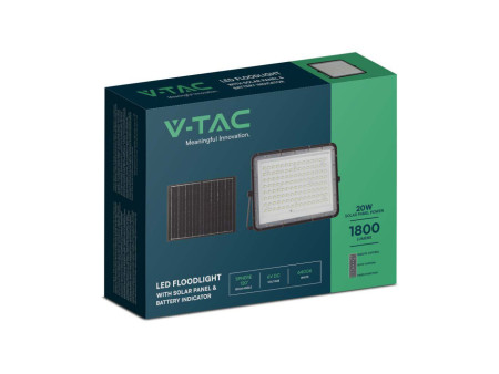 SKU 7827 VT-180W V-TAC Faro LED Solare 20W con Telecomando e Batteria Sostituibile Cavo 3m Nero 6400K IP65