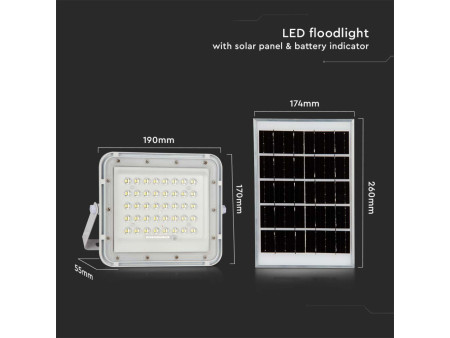 SKU 7840 VT-40W-W V-TAC Faro LED Solare 6W con Telecomando e Batteria Sostituibile Cavo 3m Bianco 4000K IP65