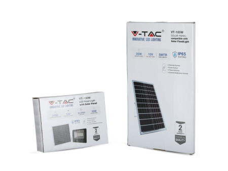 SKU 8576 VT-100W V-TAC Faro LED Solare 35W con Telecomando e Batteria LFP Timer Cavo 5m Nero 4000K