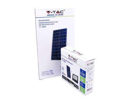 SKU 94026 VT-200W V-TAC Faro LED Solare 40W con Telecomando e Batteria LFP Timer Cavo 5m Nero 6000K
