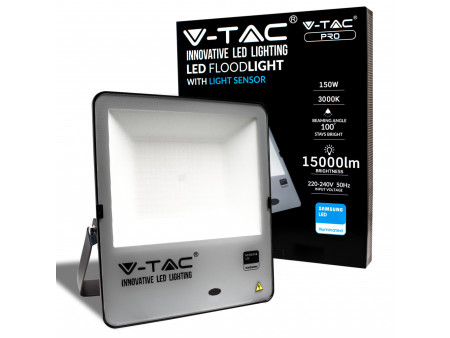 SKU 20180 VT-167 V-TAC PRO Faro LED SMD Chip Samsung 150W 100LM/W con Sensore Crepuscolare Nero 6500K IP65