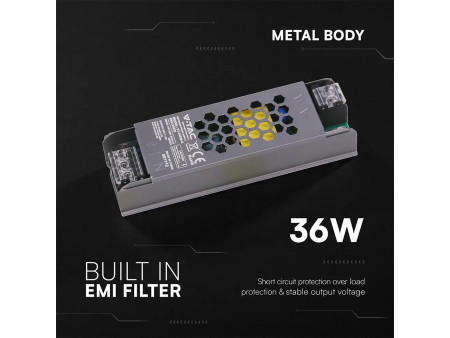 SKU 24235 VT-24035-S V-TAC Alimentatore LED Slim in Metallo 36W 24V 1.5A con 1 Uscita 116x35x24mm IP20
