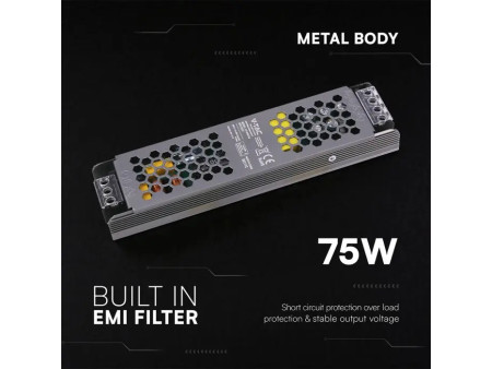 SKU 24237 VT-24075-S V-TAC Alimentatore LED Slim in Metallo 75W 24V 3.1A con 1 Uscita 200x50x24mm IP20