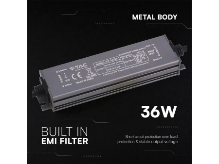 SKU 24243 VT-24035 V-TAC Alimentatore LED in Metallo 36W 24V 1.5A con 1 Uscita 140x35x21mm IP67