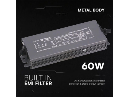 SKU 24244 VT-24062 V-TAC Alimentatore LED in Metallo 60W 24V 2.5A con 1 Uscita 159x50x25 IP67