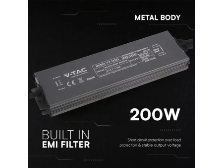 SKU 24247 VT-24202 V-TAC Alimentatore LED in Metallo 200W 24V 8.25A con 1 Uscita 244x65x25mm IP67