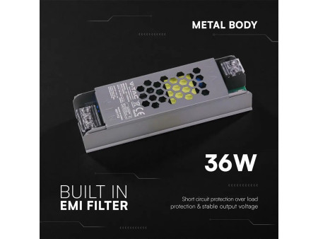 SKU 24254 VT-13036-S V-TAC Alimentatore LED Slim in Metallo 36W 12V 3A con 1 Uscita 116x35x24mm IP20