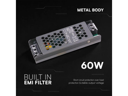 SKU 24255 VT-13060-S V-TAC Alimentatore LED Slim in Metallo 60W 12V 5A con 1 Uscita 145x50x24mm IP20