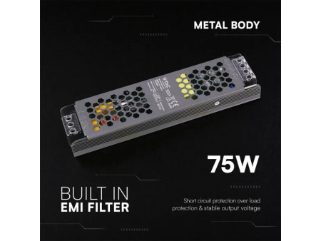SKU 24256 VT-13075-S V-TAC Alimentatore LED Slim in Metallo 75W 12V 6.25A con 1 Uscita 200x50x24mm IP20