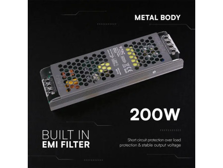SKU 24259 VT-13200-S V-TAC Alimentatore LED Slim in Metallo 200W 12V 16.5A con 1 Uscita209x63x25mm IP20