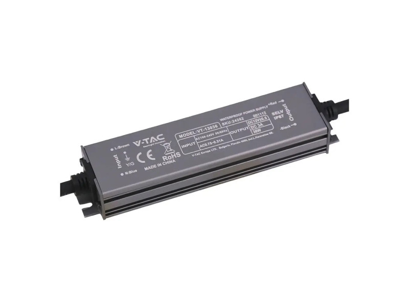 SKU 24262 VT-13036 V-TAC Alimentatore LED in Metallo 36W 12V 3A con 1 Uscita 140x35x21mm IP67