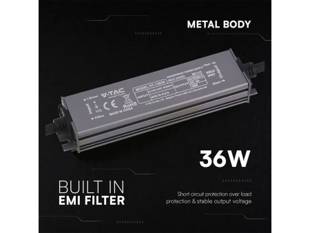 SKU 24262 VT-13036 V-TAC Alimentatore LED in Metallo 36W 12V 3A con 1 Uscita 140x35x21mm IP67