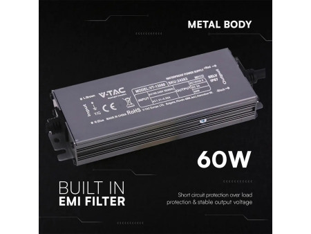 SKU 24263 V-TAC Alimentatore LED in Metallo 60W 12V 5A con 1 Uscita 159x50x25mm IP67