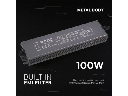 SKU 24264 VT-13100 V-TAC Alimentatore LED in Metallo 100W 12V 8.3A con 1 Uscita 219x50x25mm IP67
