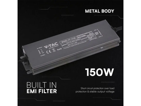 SKU 24265 VT-13150 V-TAC Alimentatore LED in Metallo 150W 12V 12.5A con 1 Uscita 224x65x25 mm IP67